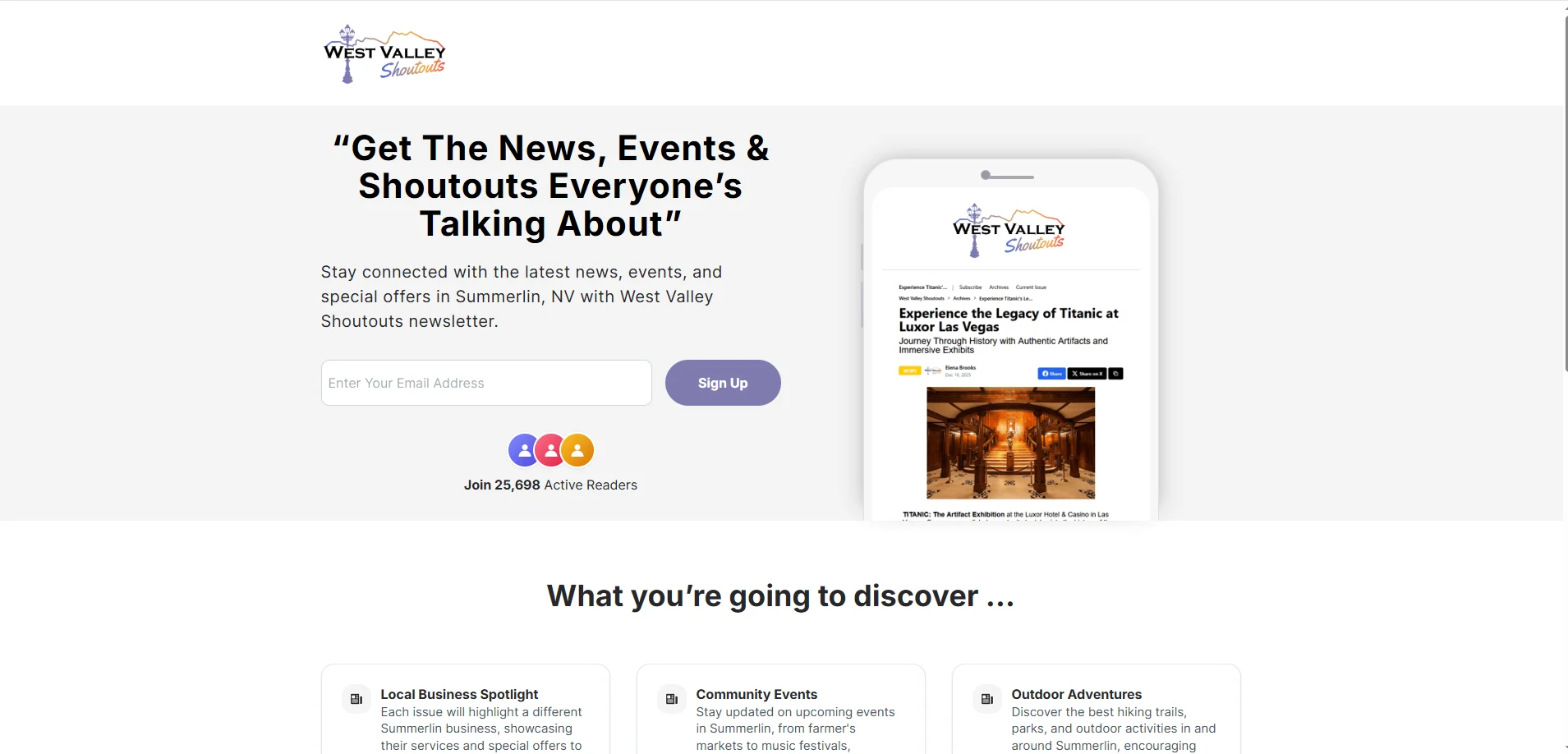 The subscriber signup page for a local publication